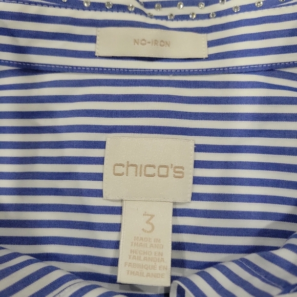 NWOT Chico's Women's Blue/White Stripe Rhinestone Collar Button Up Top Sz 3 - Picture 11 of 12